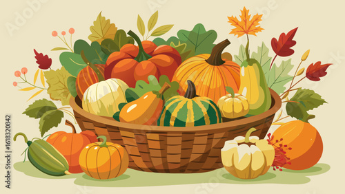 Autumn harvest basket filled with pumpkins and gourds
