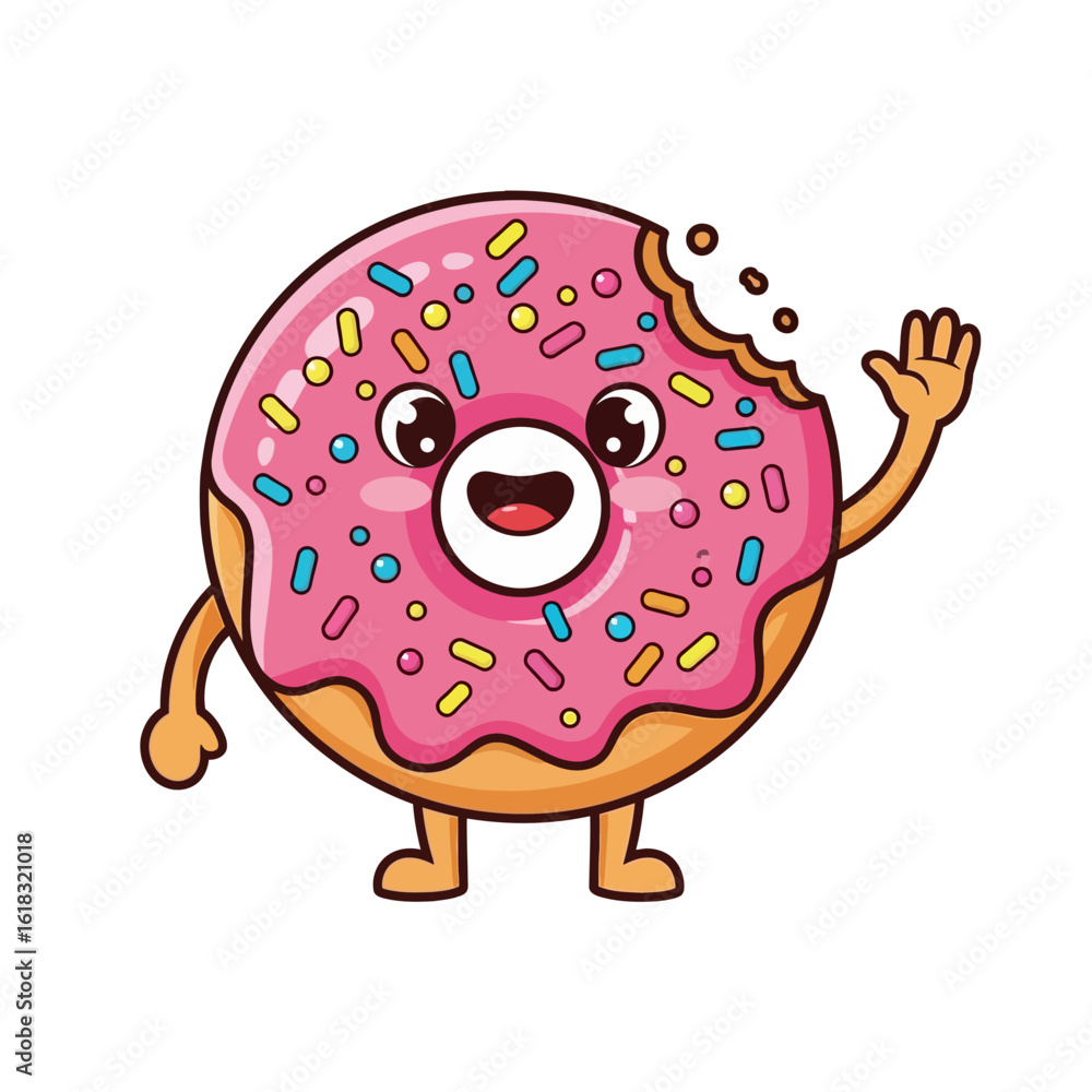 Fototapeta premium Cute cartoon donut character with pink icing and sprinkles, waving hello. A happy, bitten pastry mascot with a friendly smile.