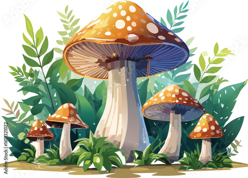 Enchanted Giant Mushroom Forest with Glowing Plants in Fantasy Setting