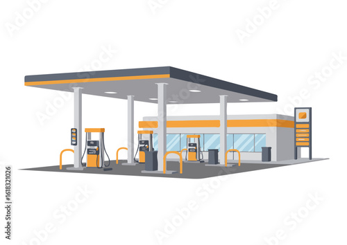 Modern Gas Station with Fuel Pumps and Canopy