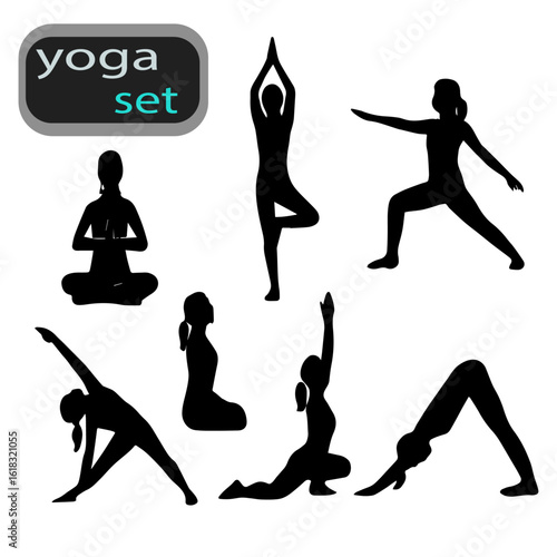 Yoga icons set ,yoga sillhoutte set ,silhouettes of yoga poses, Yoga Poses Silhouette Set – Vector Illustration of Woman in Meditation and Exercise Positions