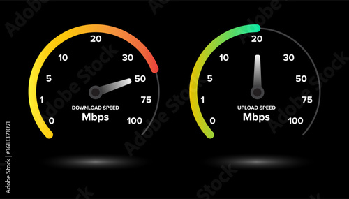 Speed Test Gauge with Mbps Scale, Download and Upload Internet Meter on Black Background