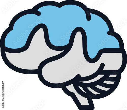 A stylized graphic icon of the human brain in profile, with a blue cerebrum and gray cerebellum.