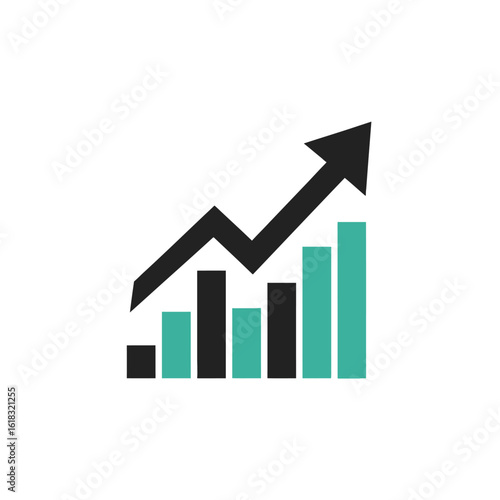 Free Download Flat design bar graph with black and teal columns and an upward trending arrow indicating growth. - GFXLoad