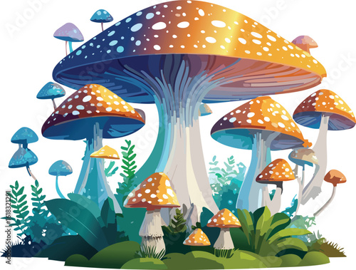 Enchanted Giant Mushroom Forest with Glowing Plants in Fantasy Setting