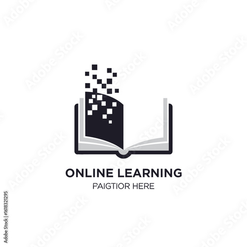 Graphic icon of an open book with one page dissolving into digital pixels, symbolizing online learning.