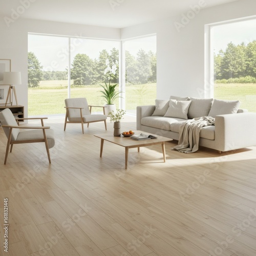 Bright and spacious modern living room with minimalist Scandinavian design, wooden furniture, and large windows with a view of a lush green landscape.