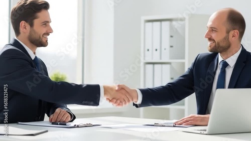 Wallpaper Mural Smiling businessmen shaking hands in a modern office, symbolizing successful partnership, agreement, and deal closing. Torontodigital.ca