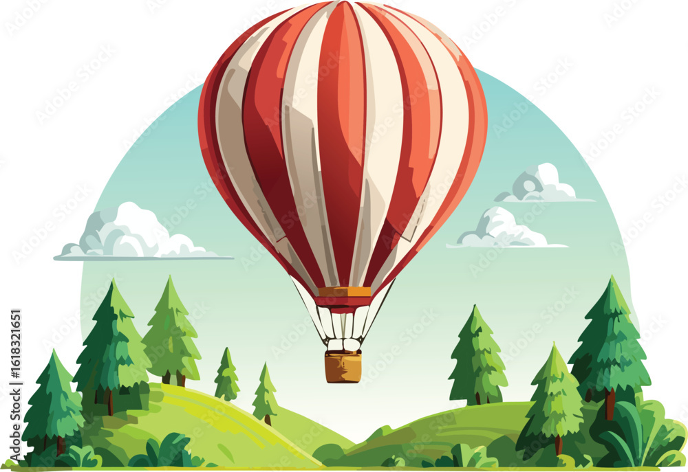 Obraz premium Cute Hot Air Balloon Floating Above Cartoon Hills and Tiny Trees