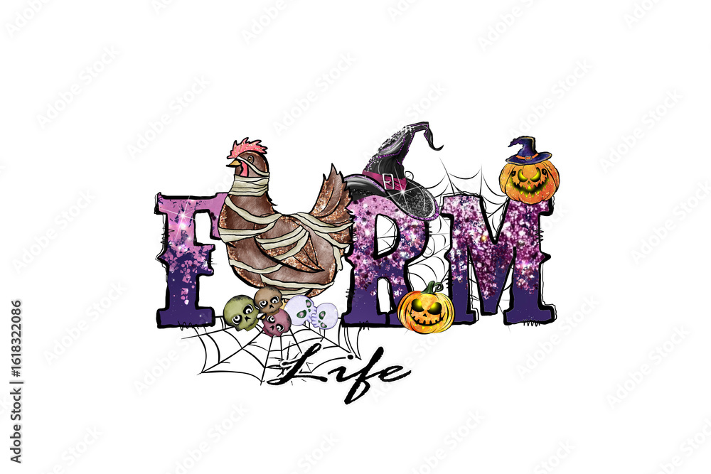 Obraz premium Farm Life Halloween Theme with Chicken, Spider Web, and Pumpkins Sublimation design isolated on transparent background