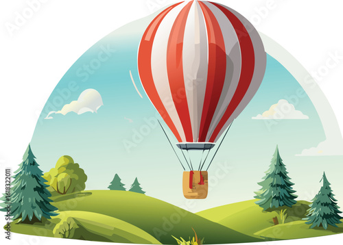 Cute Hot Air Balloon Floating Above Cartoon Hills and Tiny Trees