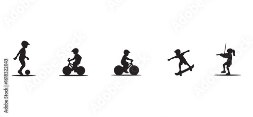  Energetic silhouette collection of kids engaged in fun outdoor activities like playing soccer, riding bikes, skateboarding, and using a jump rope—perfect for youth and sports themes.
