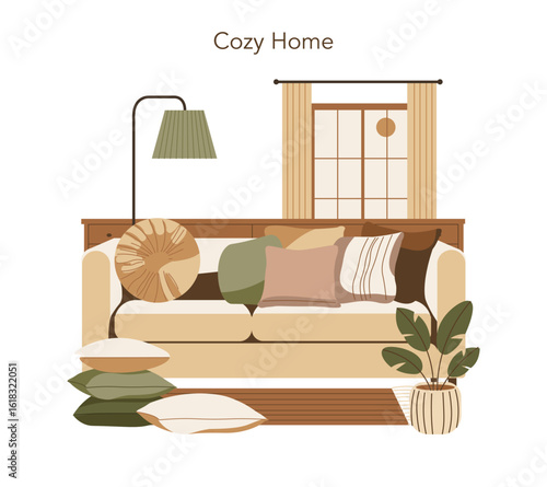 Cozy Home Interior with Couch and Cushions Illustration