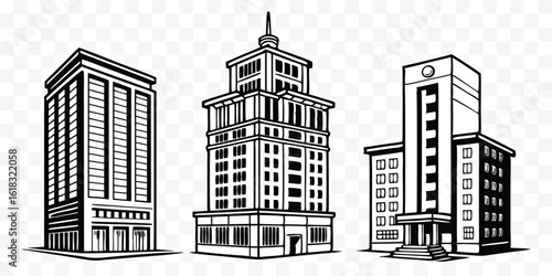 Architectural Line Art of City Buildings Black and White Urban Landscape Modern Design Illustration Collection Vector Graphics Set