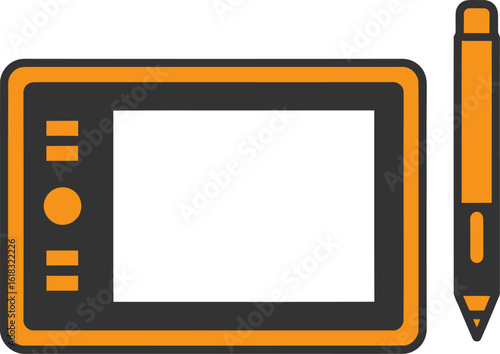 An orange and black icon of a digital graphics tablet with a stylus pen for creative work.