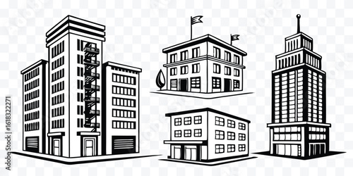 Black and White Line Art Illustration of Various Urban Buildings and Architectural Structures on a Transparent Background