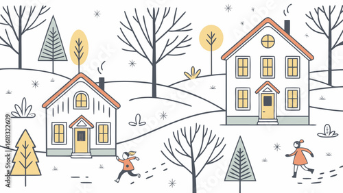 Children playing in a snowy winter landscape with houses and trees