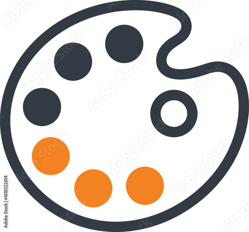 A stylized graphic icon of an artist's palette with dabs of orange and dark gray paint.