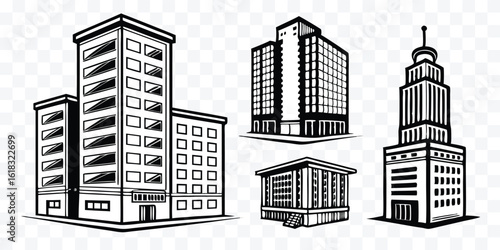 Black and White Skyscraper Collection Urban Landscape Architectural Drawing Cityscape Illustration Modern Office Buildings and Historical Landmarks