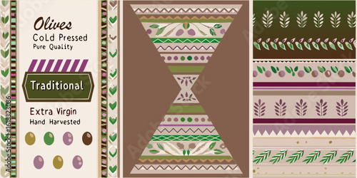 Traditional extra virgin olive oil label design with decorative patterns
