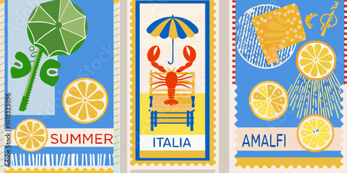 Summer vacation postcards featuring italian coastal scenes and citrus fruits