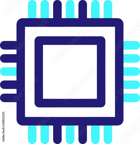 A stylized icon of a computer microprocessor chip with blue and cyan leads on a white background.