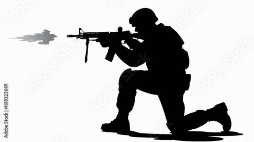 Black silhouette of a soldier in a combat stance on a clean white background