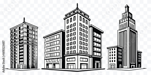 Black and White Cityscape Illustration of Modern Buildings with Clean Lines and Architectural Detail Showing the Essence of Urban Design