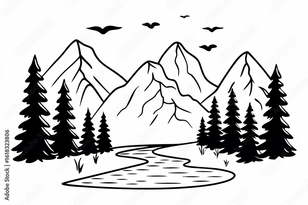 Obraz premium Scenic vector line drawing of mountains, river, trees, and birds, hand-drawn style, detailed outline, calm and relaxing composition for coloring pages
