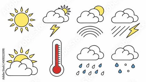 Collection of weather icons including sun clouds rain lightning and thermometer