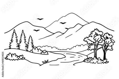 Scenic vector line drawing of mountains, river, trees, and birds, hand-drawn style, detailed outline, calm and relaxing composition for coloring pages