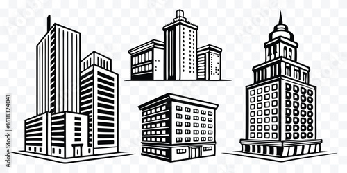 Black and white cityscape illustration with various architectural styles showing buildings and skyscrapers representing urban life and architectural diversity