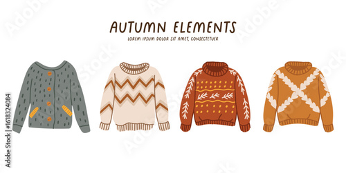 Autumn clothes set, different fashion cozy collection. Warm seasonal clothes, cozy seasonal art