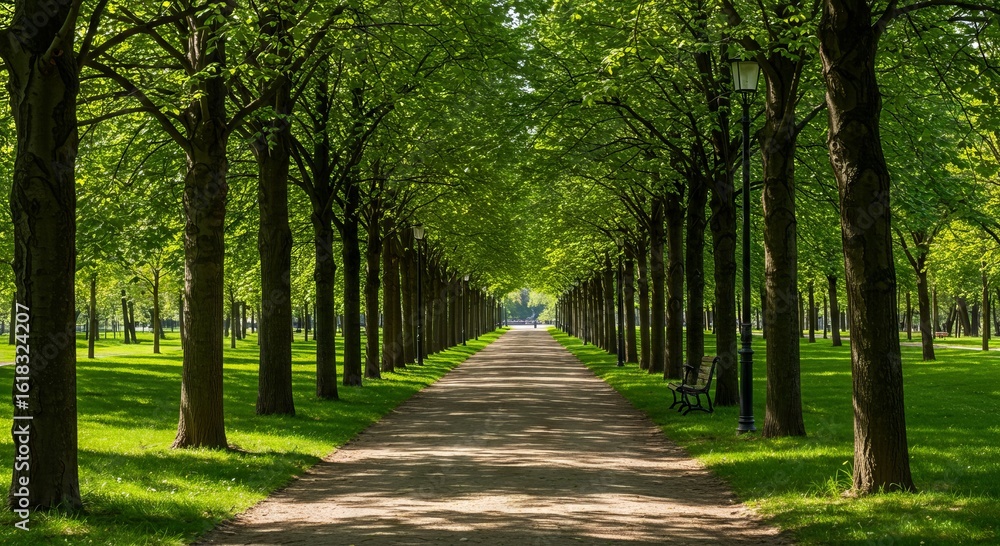 Fototapeta premium Lush green tree lined pathway in sunlight