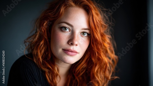 Wallpaper Mural A captivating portrait of a woman with vibrant red curly hair and enchanting green eyes, beautifully presenting her personality and essence against a dark background. Torontodigital.ca