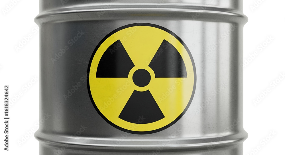 Fototapeta premium Metal Drum with Radioactive Symbol Hazardous Material Container Industrial Waste Safety Sign