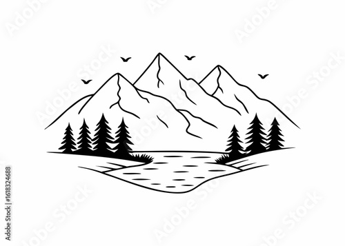 Scenic vector line drawing of mountains, river, trees, and birds, hand-drawn style, detailed outline, calm and relaxing composition for coloring pages