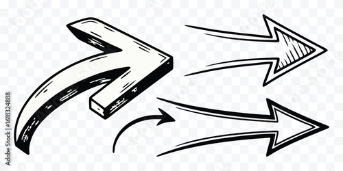 Hand Drawn Arrows Pointing Rightward Direction with Speed Lines Suggesting Motion and Indicating Forward Movement in Black and White