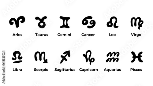Astrological zodiac signs set. Vector illustration, simple flat symbols design for articles, newspapers, magazines. 12 astrological elements. Astrology horoscope icons, isolated on white background
