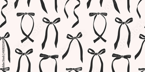 Seamless pattern with black bows. Modern and stylish bow design for printing, posters, packaging, fabric, gift materials. Vector bow print. Birthday, Valentine's Day, Christmas