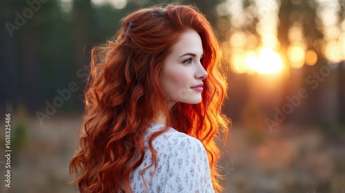 This elegant profile silhouette of a redheaded woman against a stunning sunset captures a moment of reflection, showcasing the beauty of nature and the allure of individuality.