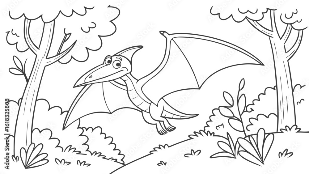 Naklejka premium Vector Cartoon funny Pteranodon, funny image in the forest, Coloring book page for children. Line Art isolated on white background