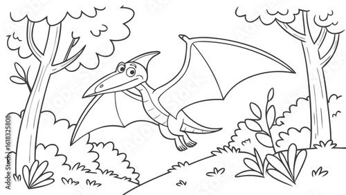 Vector Cartoon funny Pteranodon, funny image in the forest, Coloring book page for children. Line Art isolated on white background