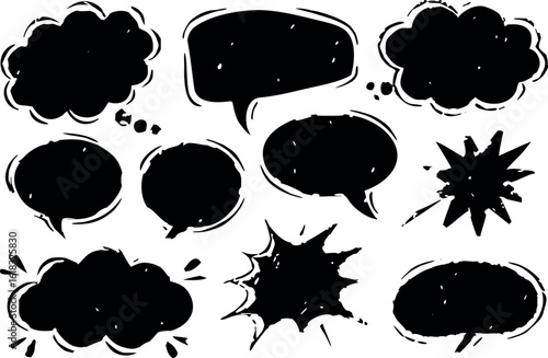Black speech bubbles and comic elements on white, communication and expression