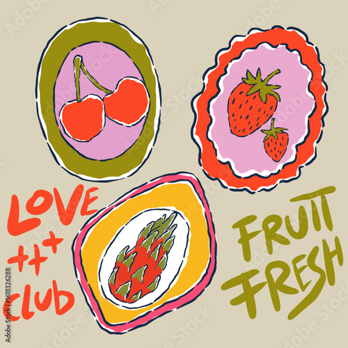Market fresh fruit print. Fruit stall. Juicy summer stand. Fruit market t shirt artwork. Fruit club print design.  Eat fresh, live well. Tropical sweetness artwork. 