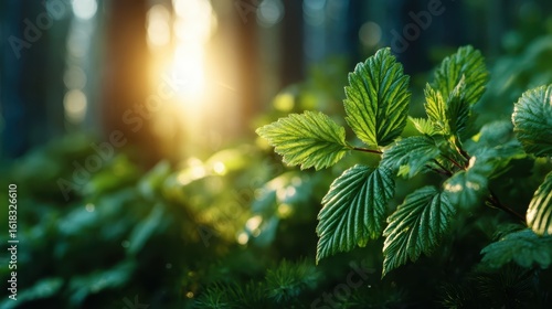 A close-up of vibrant green leaves glistening with moisture, illuminated by golden sunlight filtering through the trees, showcasing the beauty of nature in the early morning.