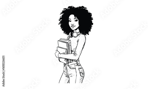 Confident young african female holding books with headphones. Vector retro hand drawn illustration