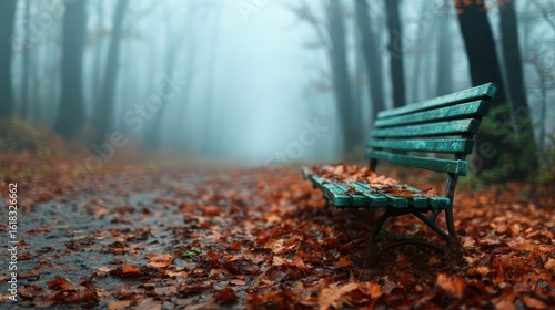 A tranquil park bench nestled amidst a carpet of orange and brown autumn leaves, enveloped by a mystical haze, showcasing nature's beauty in a quiet moment.