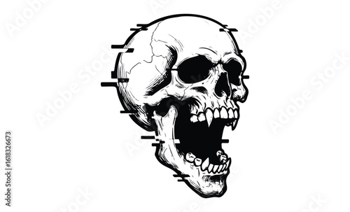 Screaming skull with digital effects in black and white illustration. Vector retro hand drawn illustration