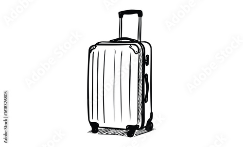 Sketch of upright roller suitcase with telescopic handle. Vector retro hand drawn illustration